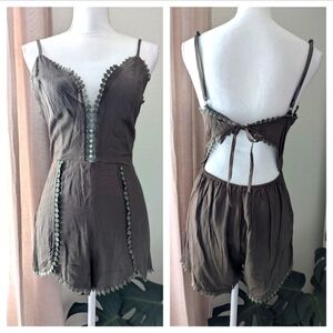 Khaki Open Back Tie String Romper